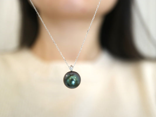 10mm タヒチ真珠ダイヤモンドペンダントネックレス 18K ホワイトゴールド