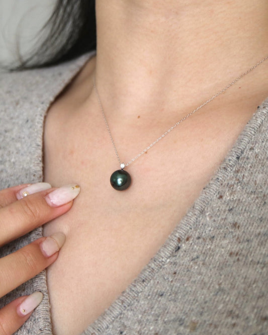 10mm Tahitian Pearl Diamond Pendant Necklace 18K White Gold - KOKOPEARLJEWELRY - 3