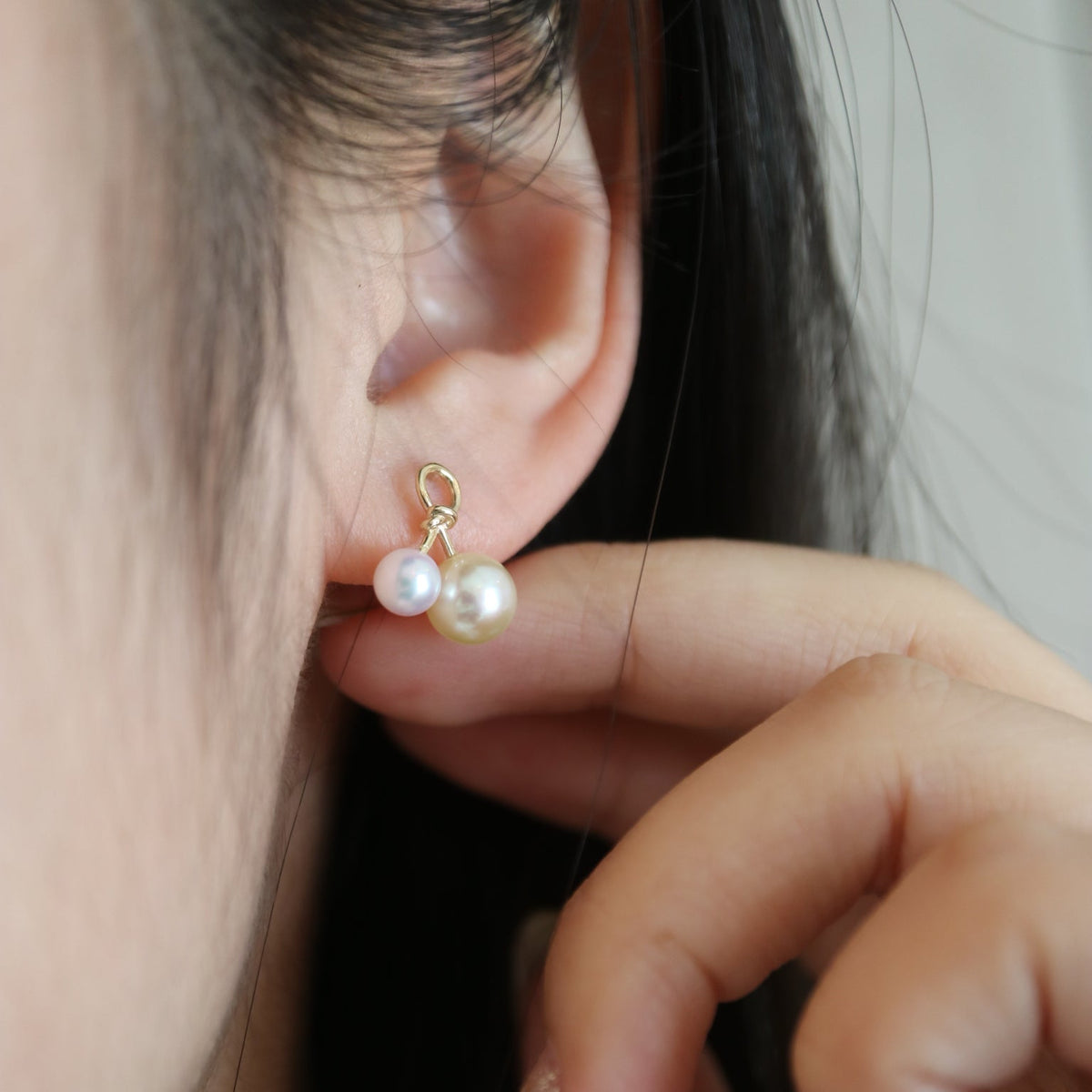4.5mm + 6.5mm Double Color Akoya Pearl Little Cherry Stud Earrings 10K Yellow Gold