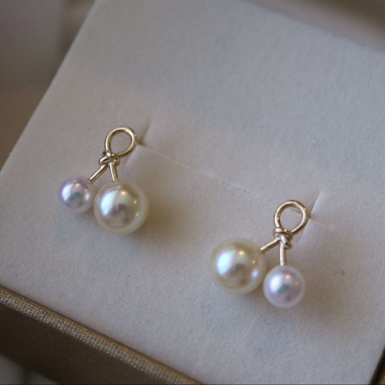 4.5mm + 6.5mm Double Color Akoya Pearl Little Cherry Stud Earrings 10K Yellow Gold