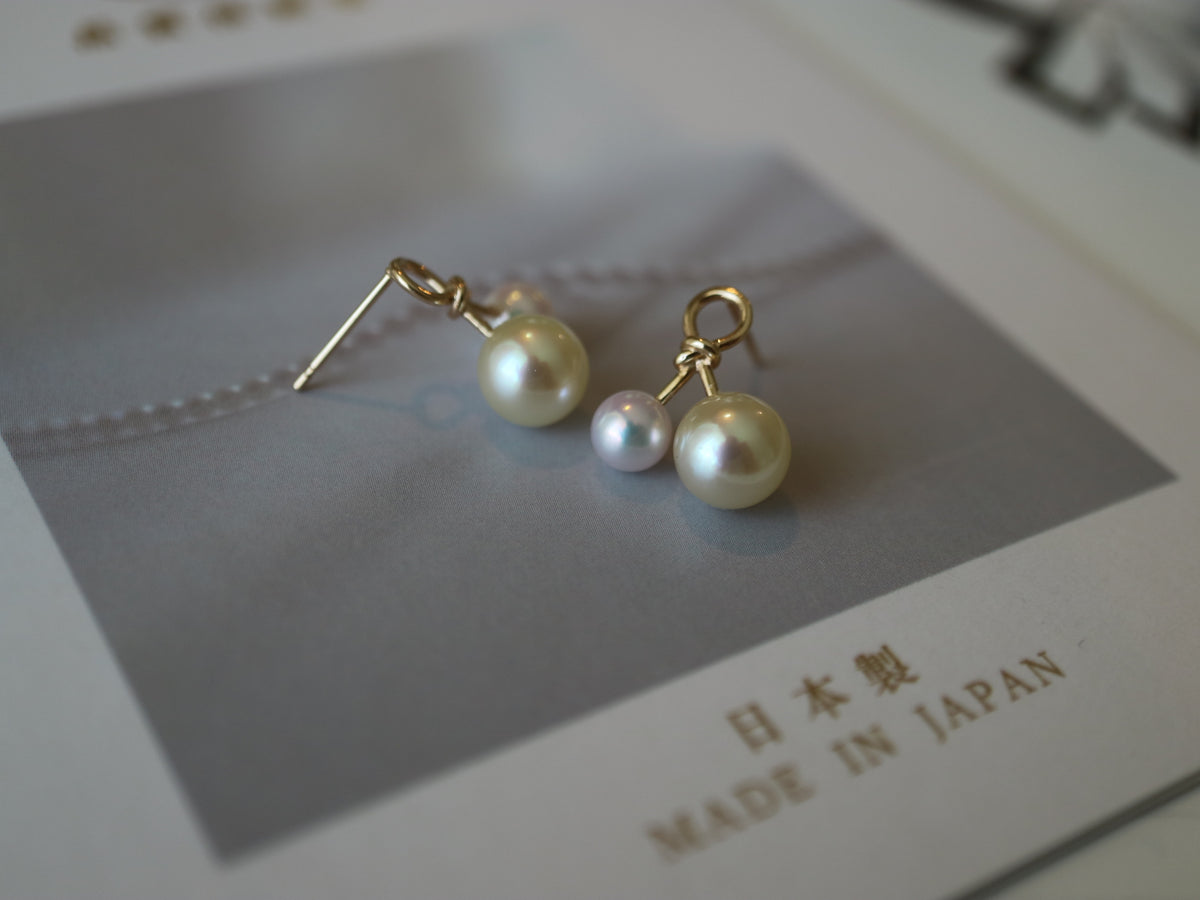 4.5mm + 6.5mm Double Color Akoya Pearl Little Cherry Stud Earrings 10K Yellow Gold