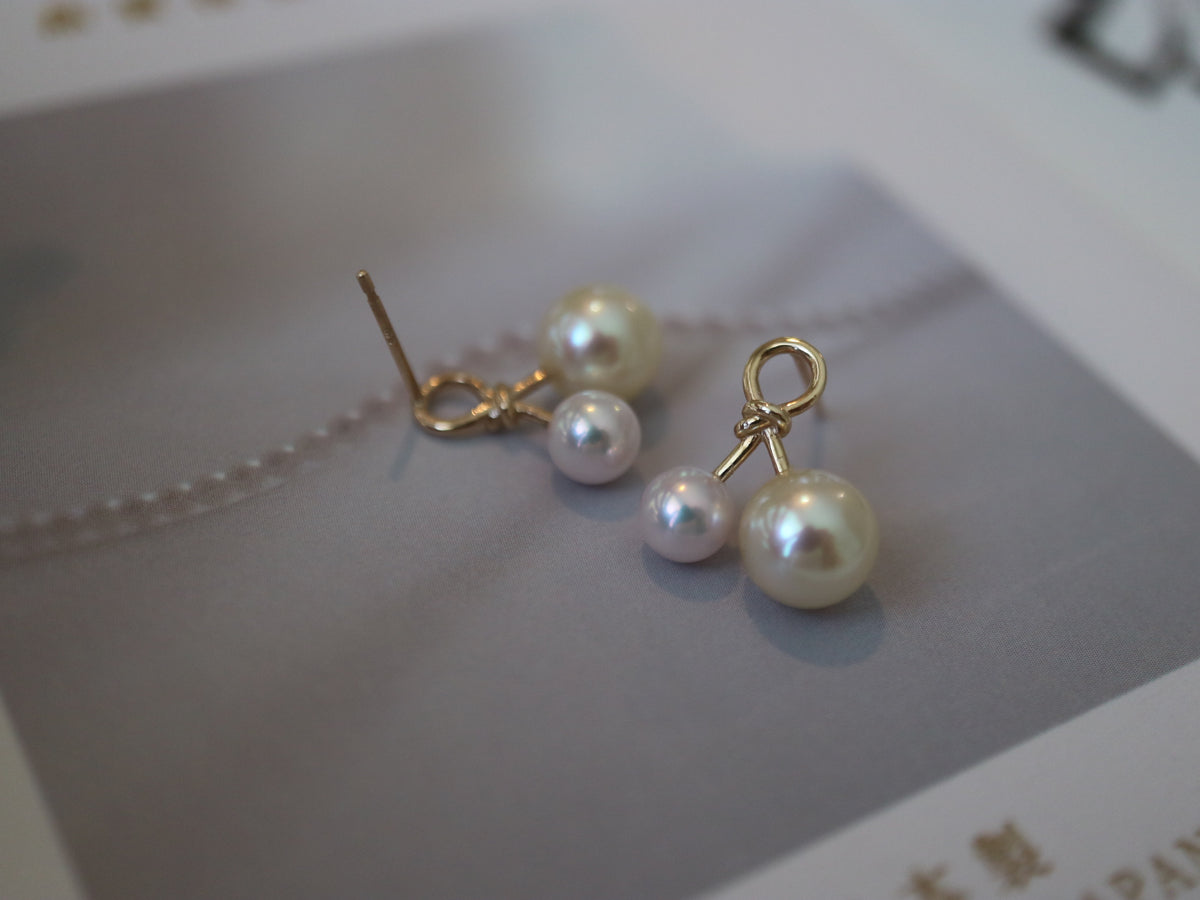 4.5mm + 6.5mm Double Color Akoya Pearl Little Cherry Stud Earrings 10K Yellow Gold