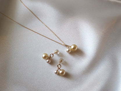 5mm + 7.5mm Double Color Akoya Pearl Diamond Little Cherry Pendant Necklace 18K Yellow Gold