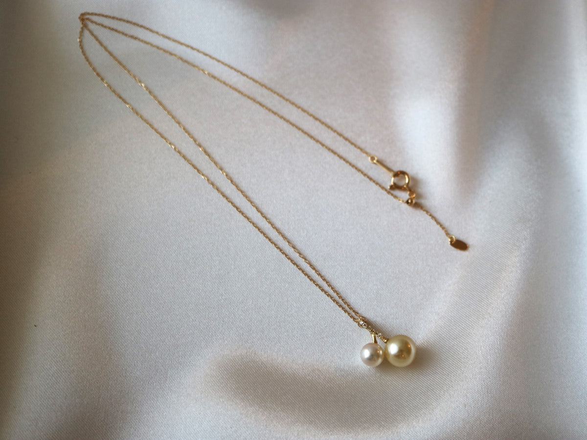5.0mm + 7.5mm Double Color Akoya Pearl Diamond Little Cherry Pendant Necklace 18K Yellow Gold