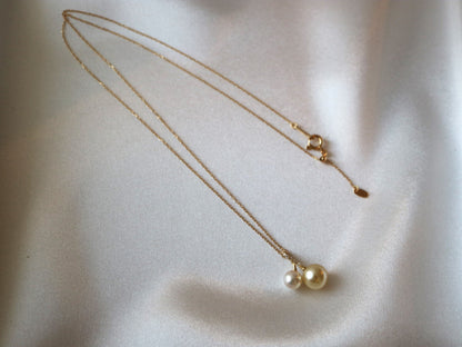 5mm + 7.5mm Double Color Akoya Pearl Diamond Little Cherry Pendant Necklace 18K Yellow Gold