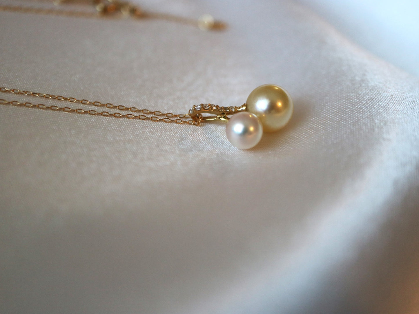 5.0mm + 7.5mm Double Color Akoya Pearl Diamond Little Cherry Pendant Necklace 18K Yellow Gold