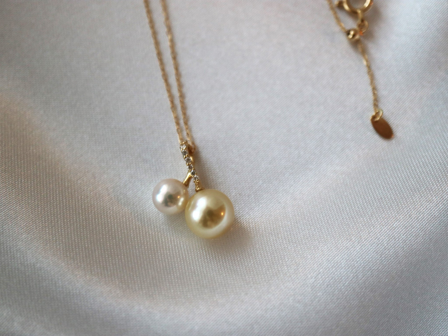5.0mm + 7.5mm Double Color Akoya Pearl Diamond Little Cherry Pendant Necklace 18K Yellow Gold