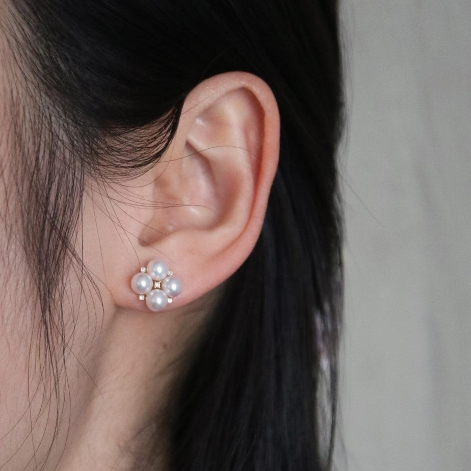 4.5mm Akoya Pearl Diamond Clover Stud Earrings 18K Yellow Gold - KOKOPEARLJEWELRY - 2