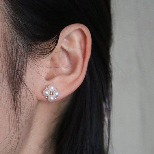 4.5mm Akoya Pearl Diamond Clover Stud Earrings 18K Yellow Gold - KOKOPEARLJEWELRY - 2