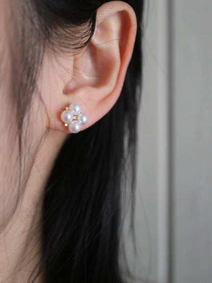 4.5mm Akoya Pearl Diamond Clover Stud Earrings 18K Yellow Gold - KOKOPEARLJEWELRY - 3