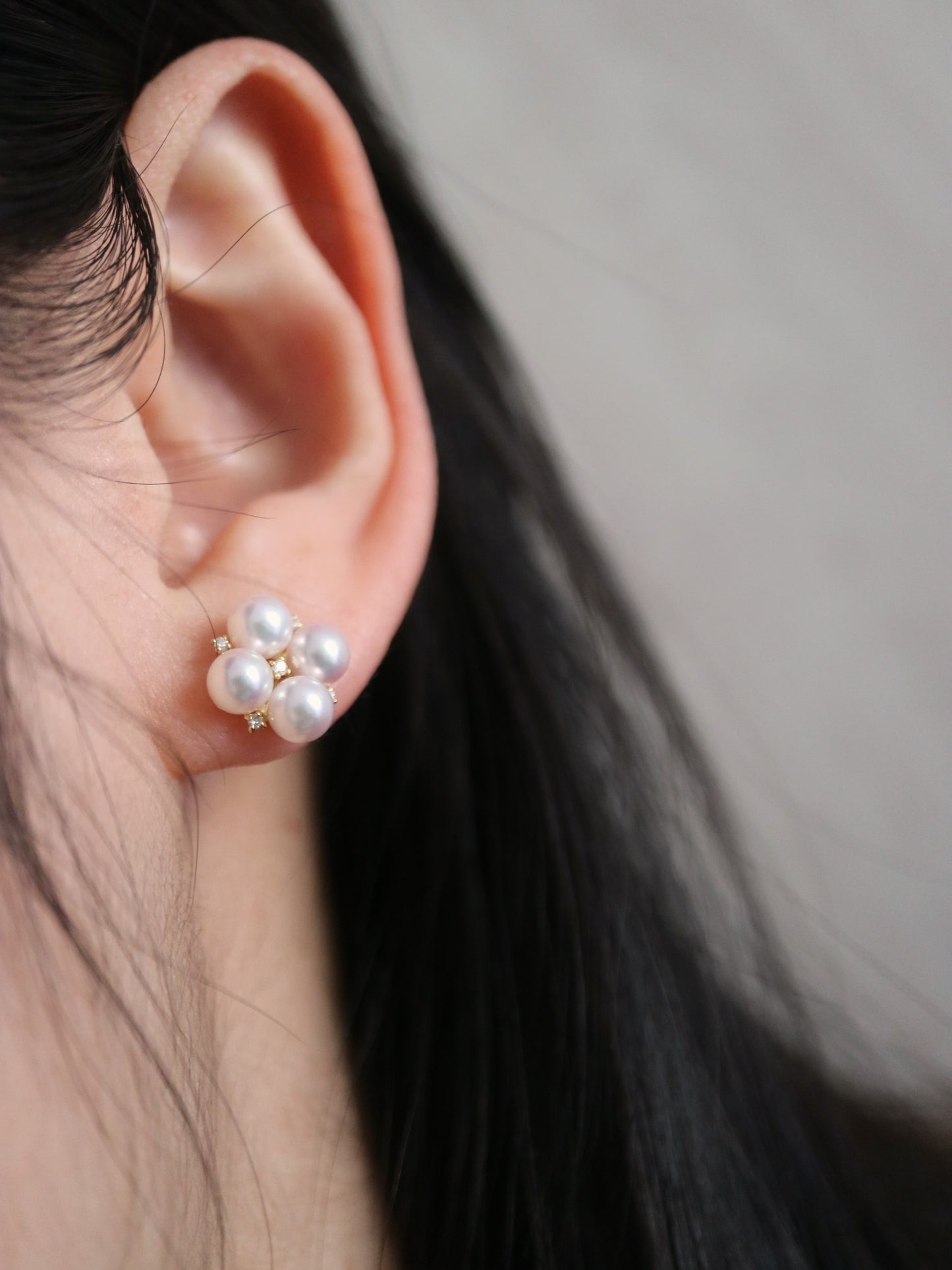 4.5mm Akoya Pearl Diamond Clover Stud Earrings 18K Yellow Gold - KOKOPEARLJEWELRY - 4