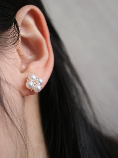 4.5mm Akoya Pearl Diamond Clover Stud Earrings 18K Yellow Gold - KOKOPEARLJEWELRY - 4