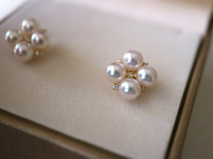 4.5mm Akoya Pearl Diamond Clover Stud Earrings 18K Yellow Gold - KOKOPEARLJEWELRY - 7