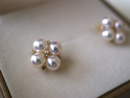 4.5mm Akoya Pearl Diamond Clover Stud Earrings 18K Yellow Gold - KOKOPEARLJEWELRY - 1