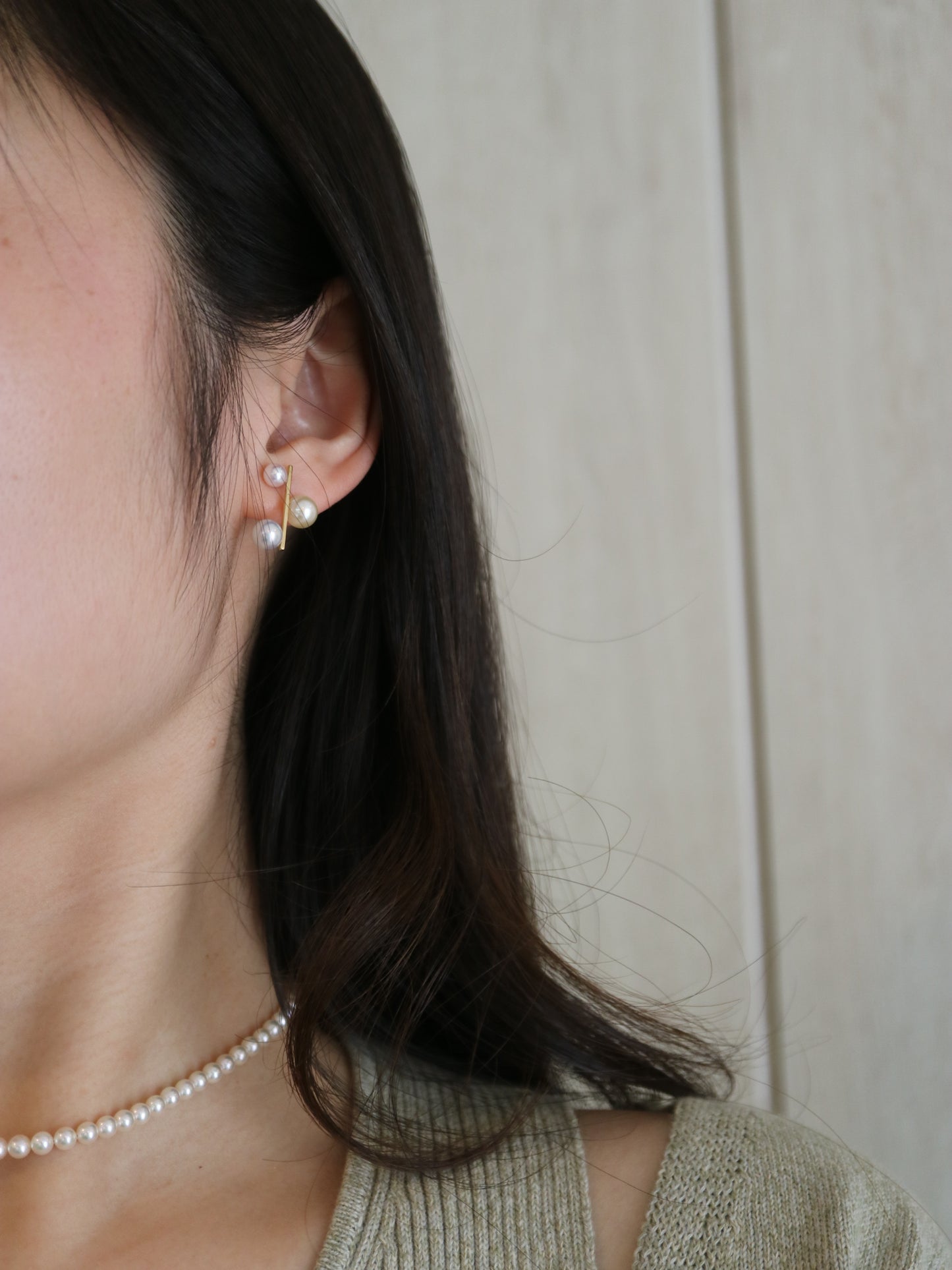 3色 4.5-7mm アコヤ真珠バースタッドピアス 18K イエローゴールド