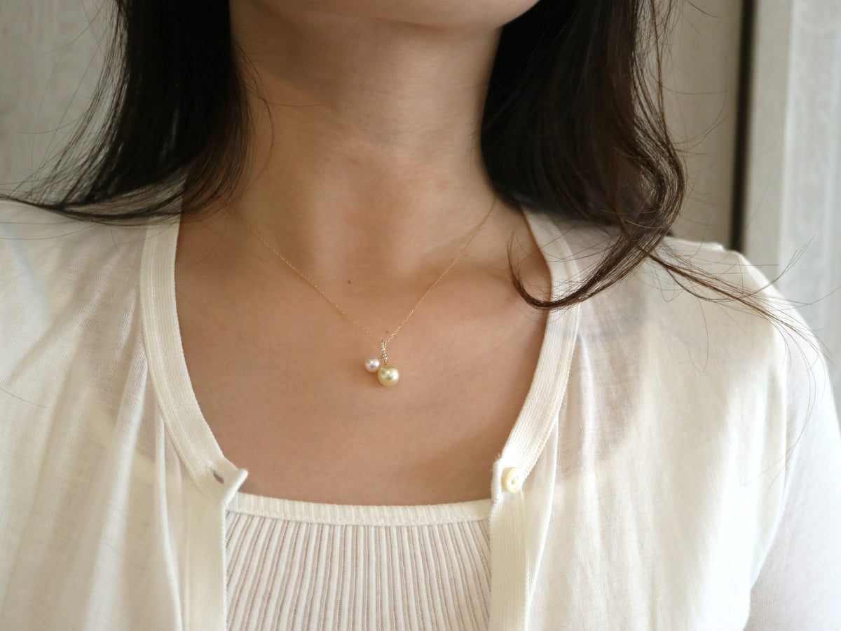 5.0mm + 7.5mm Double Color Akoya Pearl Diamond Little Cherry Pendant Necklace 18K Yellow Gold