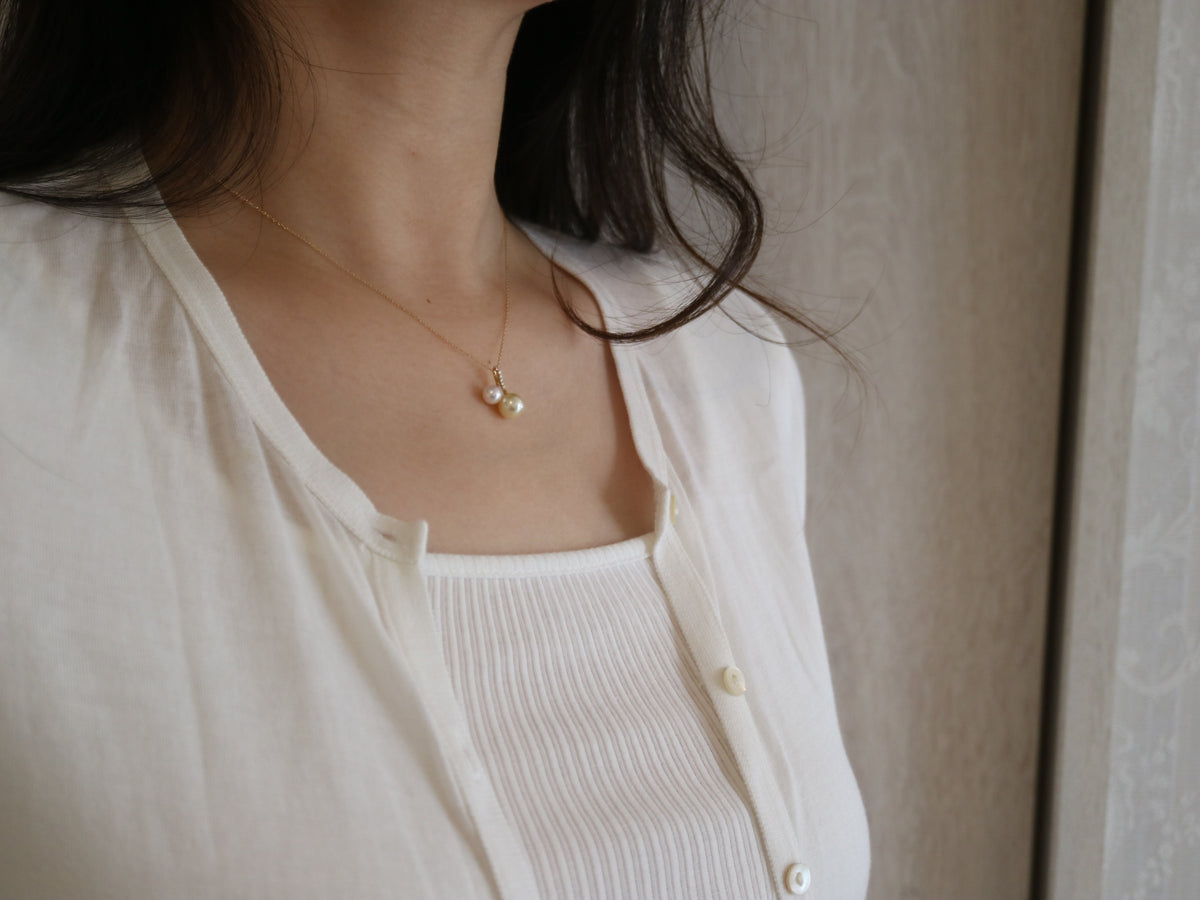 5.0mm + 7.5mm Double Color Akoya Pearl Diamond Little Cherry Pendant Necklace 18K Yellow Gold