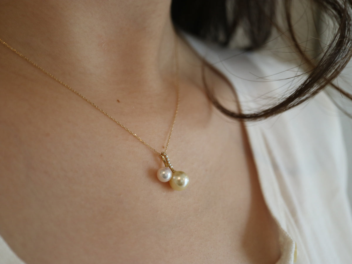 5.0mm + 7.5mm Double Color Akoya Pearl Diamond Little Cherry Pendant Necklace 18K Yellow Gold