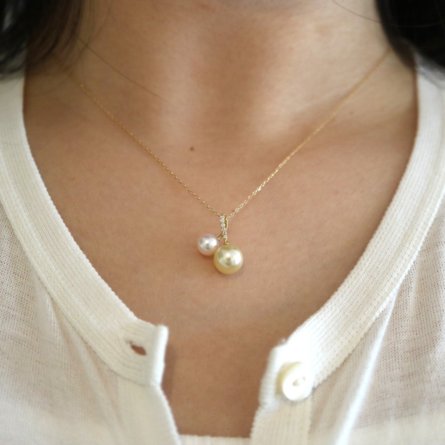 5.0mm + 7.5mm Double Color Akoya Pearl Diamond Little Cherry Pendant Necklace 18K Yellow Gold
