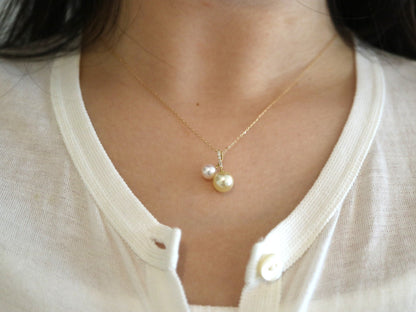 5mm + 7.5mm Double Color Akoya Pearl Diamond Little Cherry Pendant Necklace 18K Yellow Gold
