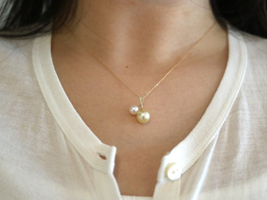 5mm + 7.5mm ダブルカラー アコヤ真珠 ダイヤモンド リトルチェリー ペンダントネックレス 18K イエローゴールド