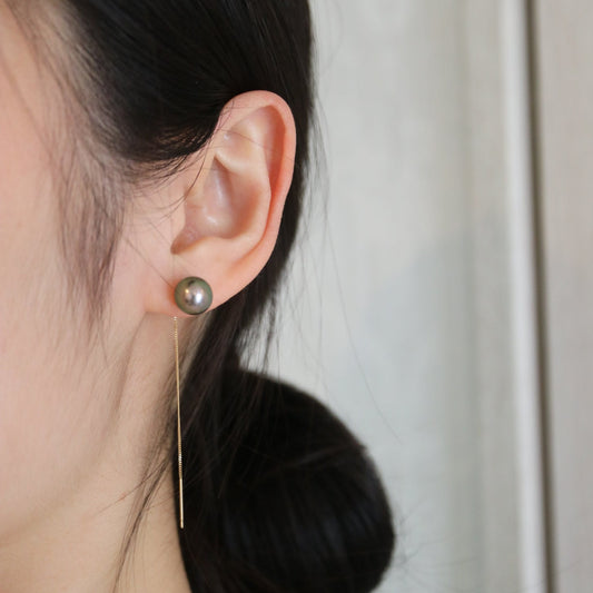 8 - 9mm Tahitian Pearl String Earrings 18K Yellow Gold - KOKOPEARLJEWELRY - 3