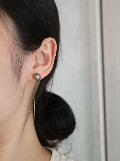 8-9mm Tahitian Pearl String Earrings 18K Yellow Gold