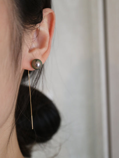 8-9mm Tahitian Pearl String Earrings 18K Yellow Gold