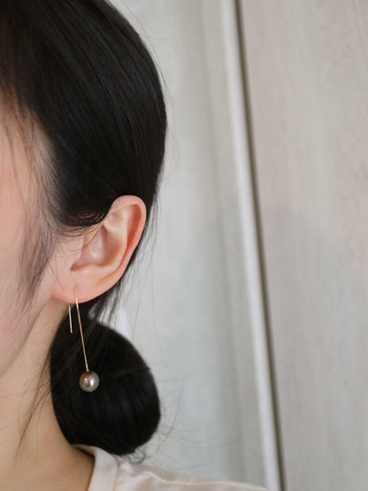 8-9mm Tahitian Pearl String Earrings 18K Yellow Gold