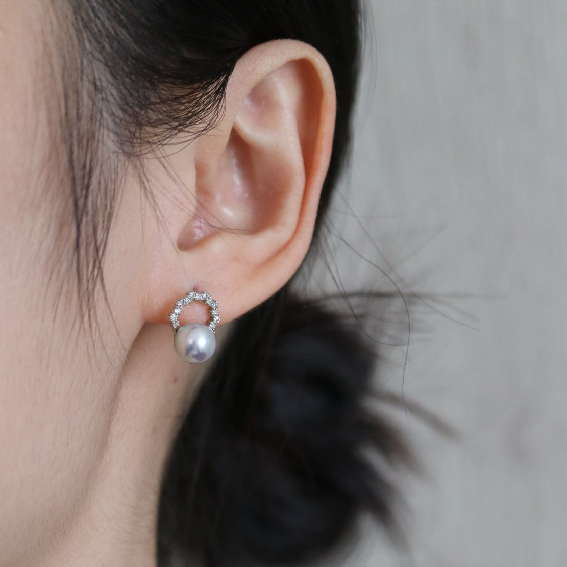 7.0mm Silver Blue Akoya Pearl Diamond Halo Stud Earrings Pt900 Platinum