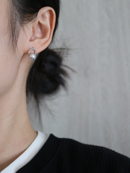 7mm Silver Blue Akoya Pearl Diamond Halo Stud Earrings Pt900 Platinum - KOKOPEARLJEWELRY - 2