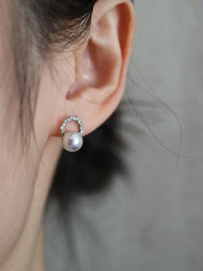 7mm Silver Blue Akoya Pearl Diamond Halo Stud Earrings Pt900 Platinum - KOKOPEARLJEWELRY - 1