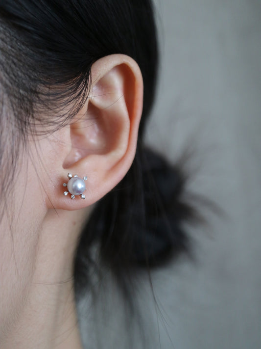 6mm 天然シルバー ブルー アコヤ真珠 花火デザイン ダイヤモンド スタッド イヤリング プラチナ