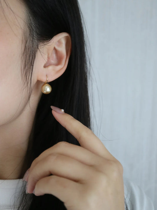 10mm Golden South Sea Pearl Drop Hook Earrings 18K Yellow Gold - KOKOPEARLJEWELRY - 2