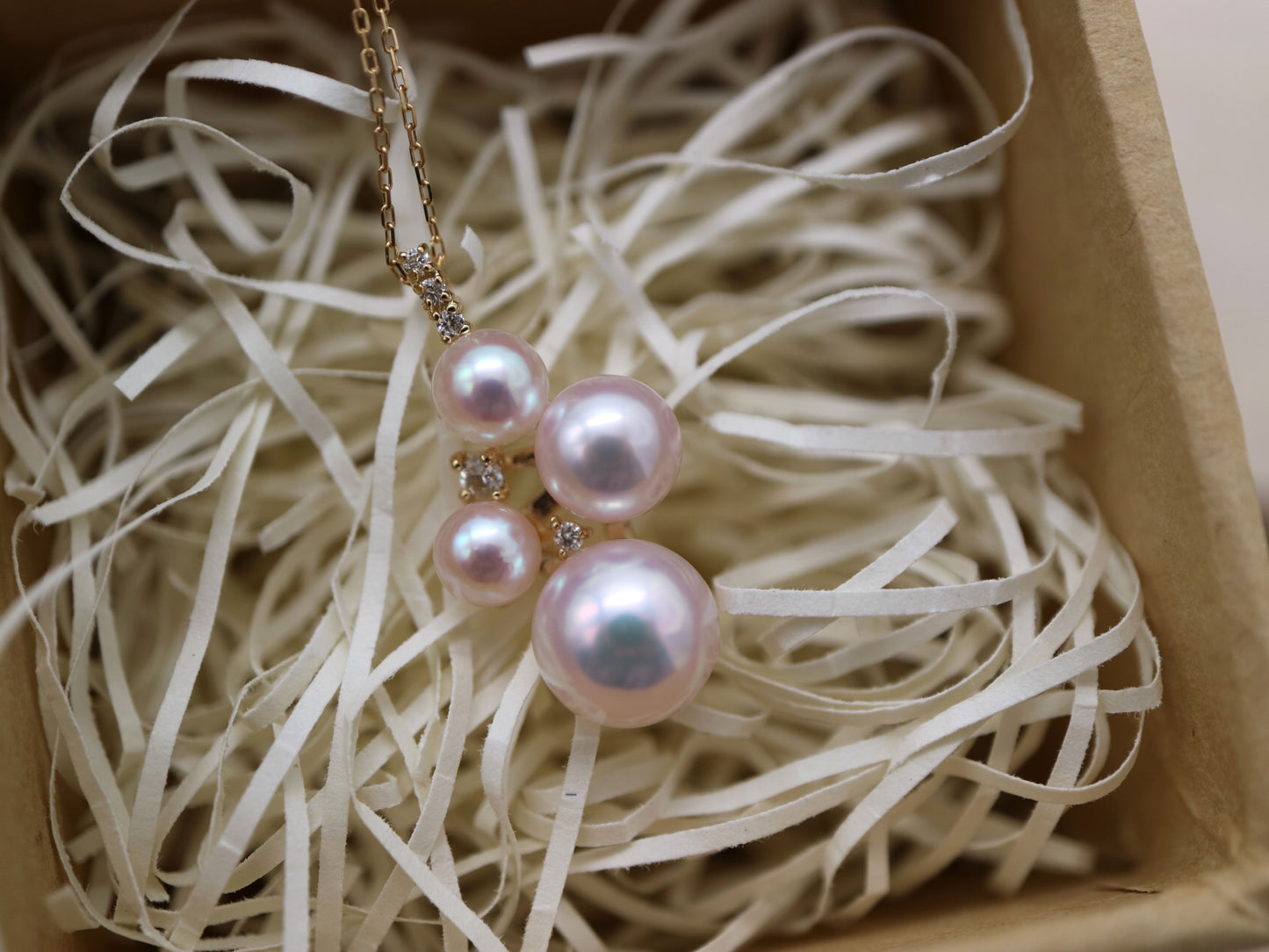 ミックスカラー / ピンクホワイト 4-7.5mm アコヤ真珠 ダイヤモンド ペンダントネックレス 18K イエローゴールド