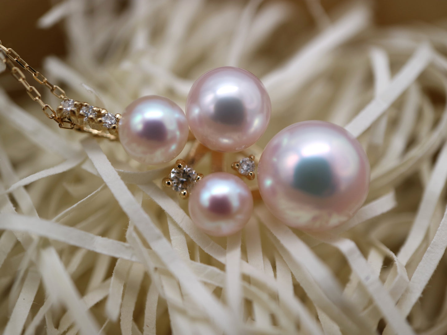 ミックスカラー / ピンクホワイト 4-7.5mm アコヤ真珠 ダイヤモンド ペンダントネックレス 18K イエローゴールド