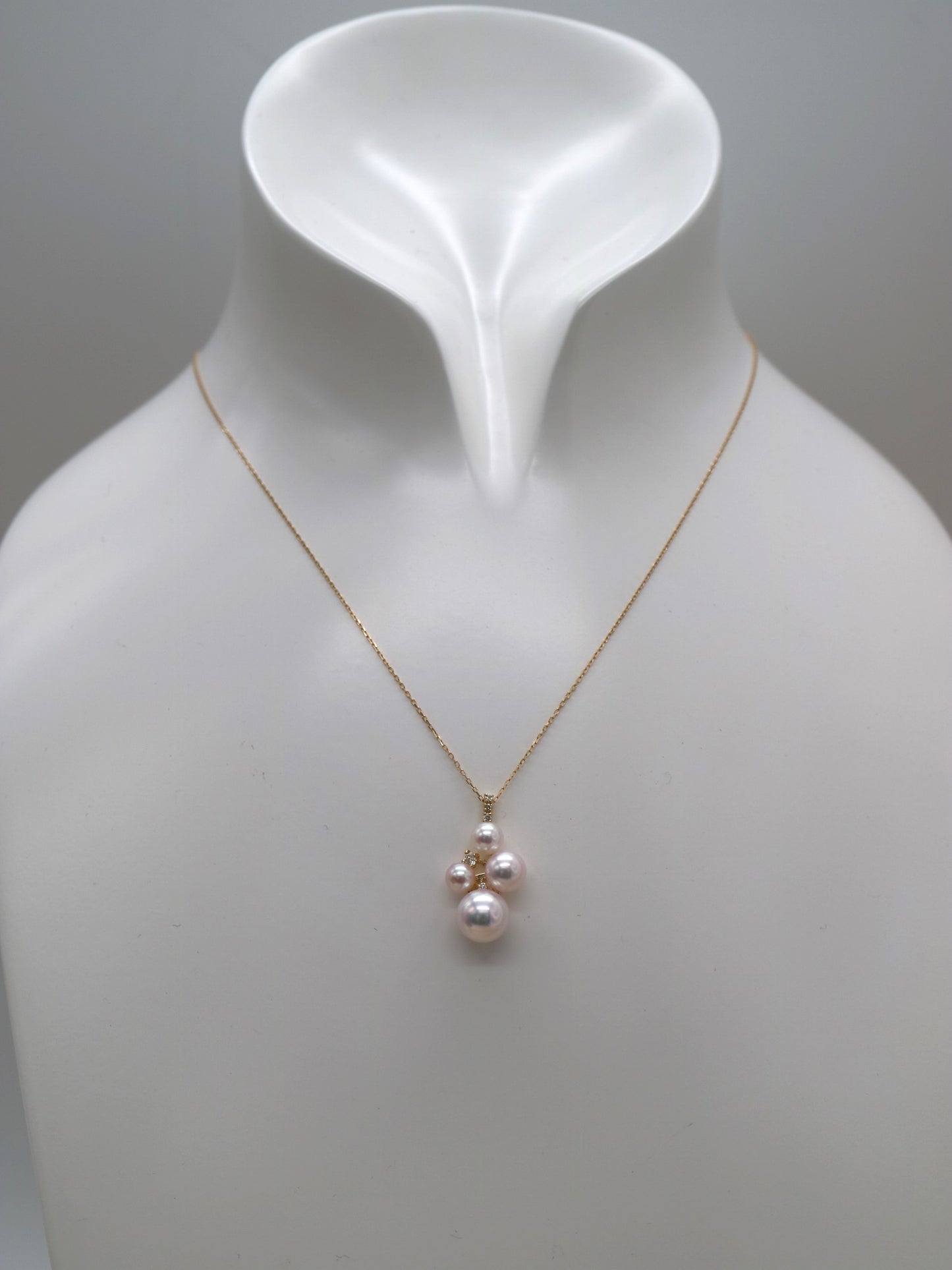 ミックスカラー / ピンクホワイト 4-7.5mm アコヤ真珠 ダイヤモンド ペンダントネックレス 18K イエローゴールド