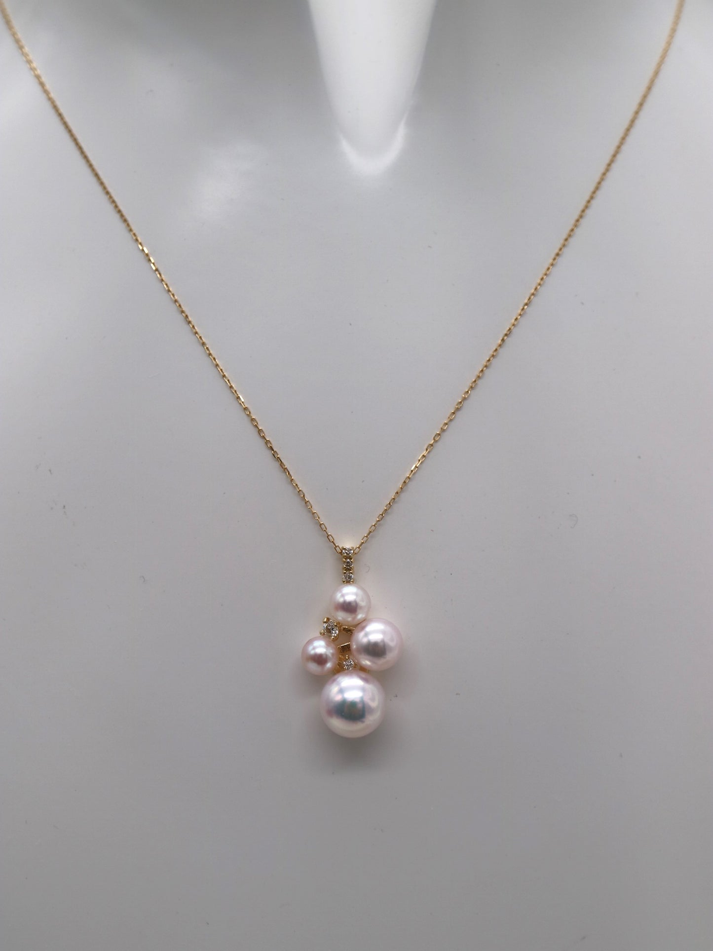 ミックスカラー / ピンクホワイト 4-7.5mm アコヤ真珠 ダイヤモンド ペンダントネックレス 18K イエローゴールド