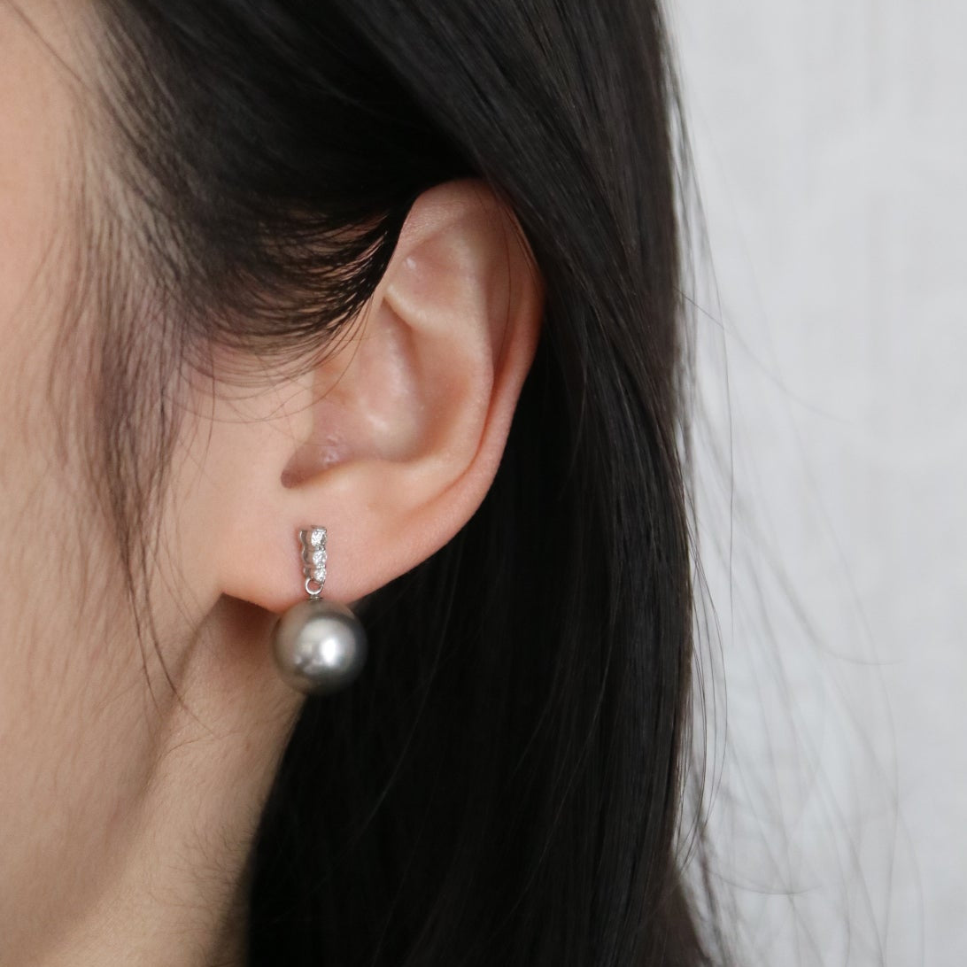 12mm Platinum Gray Tahitian Pearl Dimond Dangle Earrings Pt900