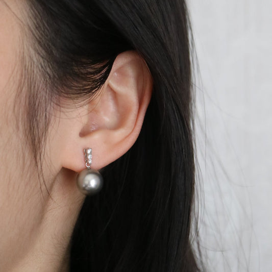 12mm Platinum Gray Tahitian Pearl Dimond Dangle Earrings Pt900
