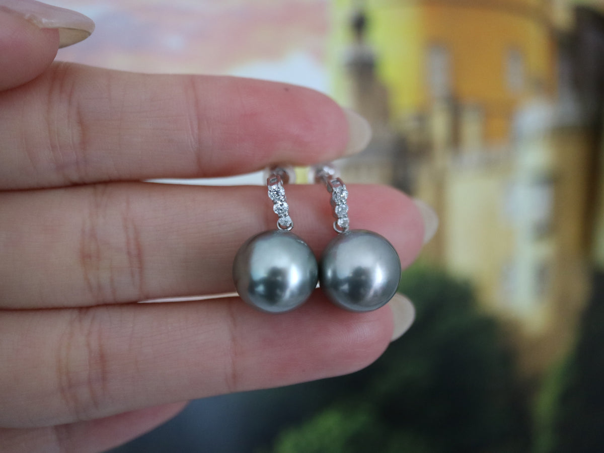 12mm Platinum Gray Tahitian Pearl Dimond Dangle Earrings Pt900