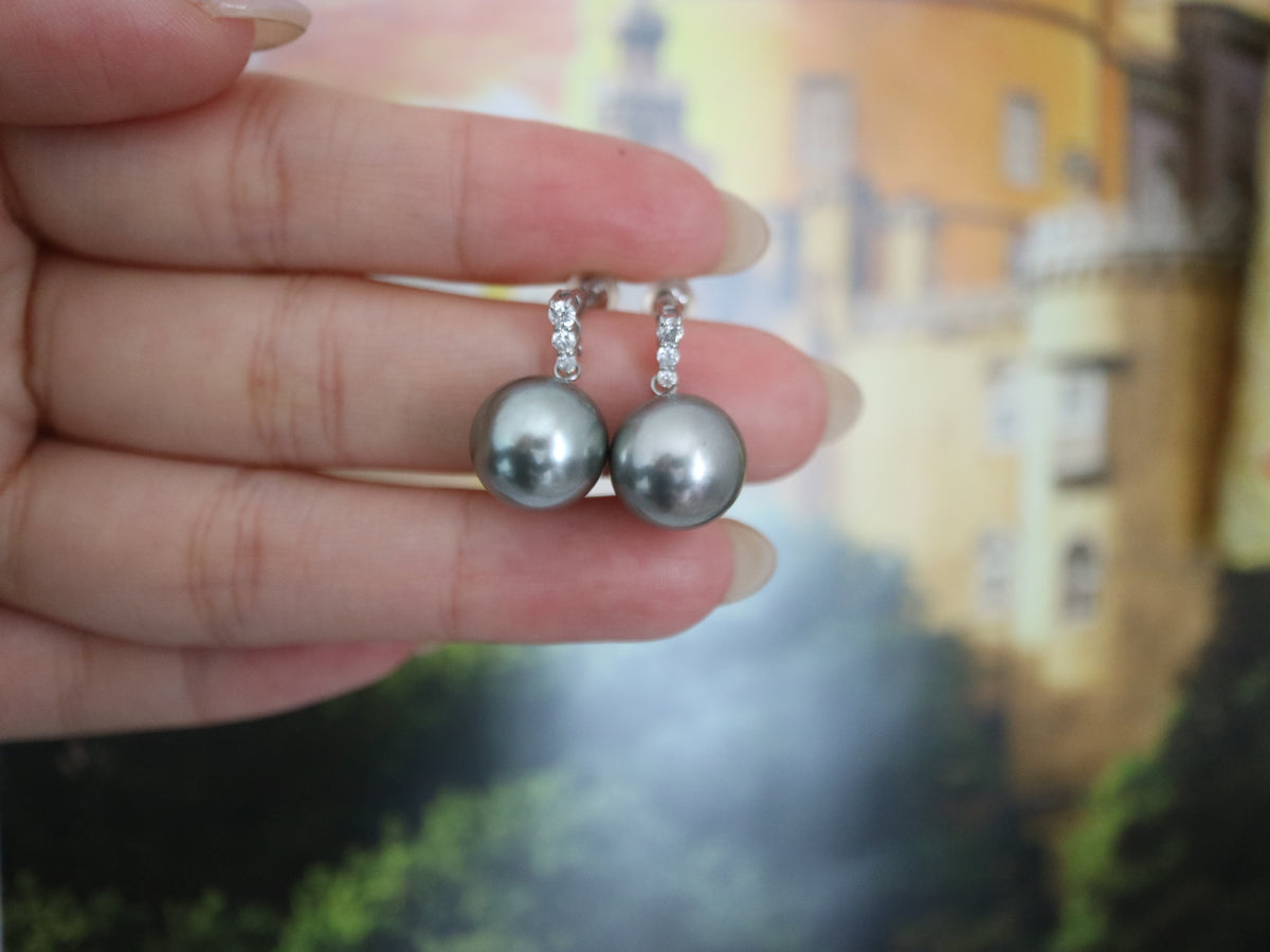 12mm Platinum Gray Tahitian Pearl Dimond Dangle Earrings Pt900