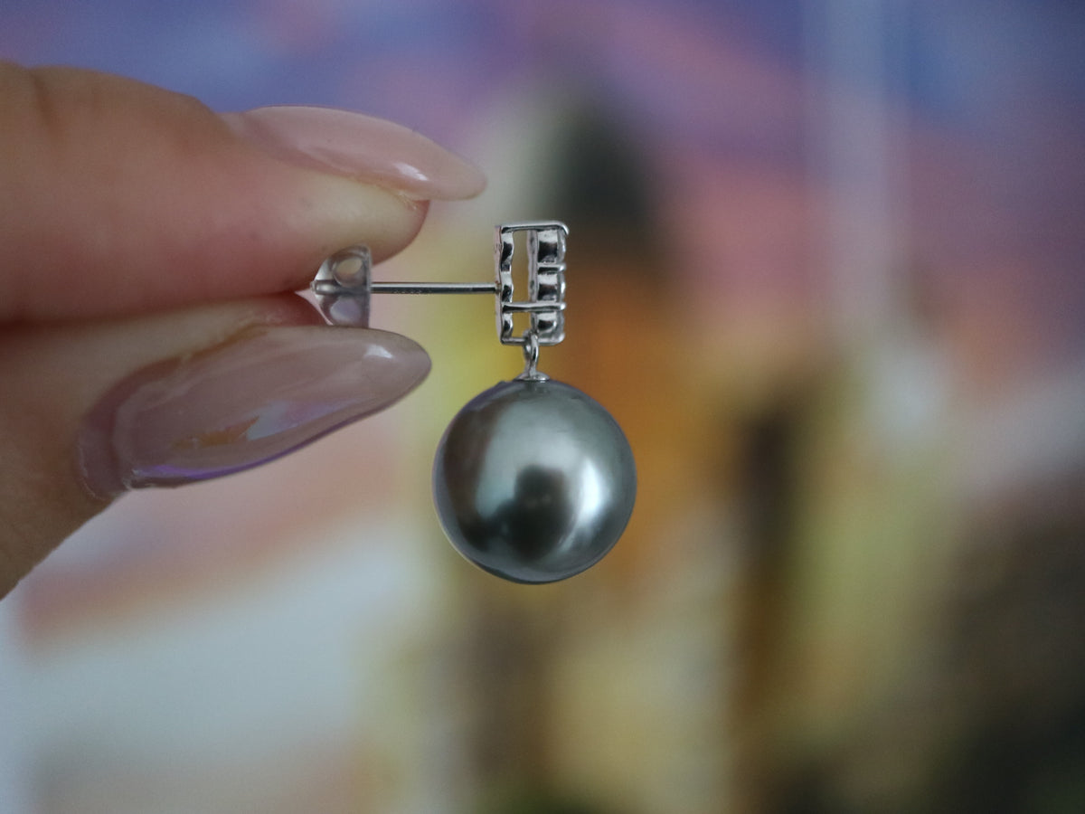 12mm Platinum Gray Tahitian Pearl Dimond Dangle Earrings Pt900