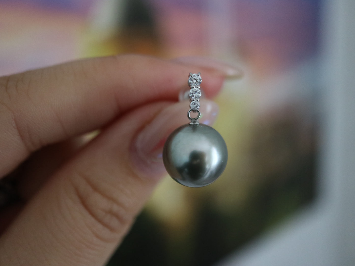 12mm Platinum Gray Tahitian Pearl Dimond Dangle Earrings Pt900