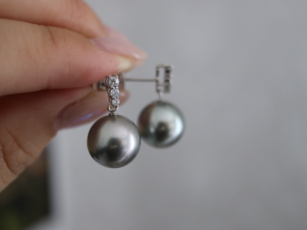 12mm Platinum Gray Tahitian Pearl Dimond Dangle Earrings Pt900