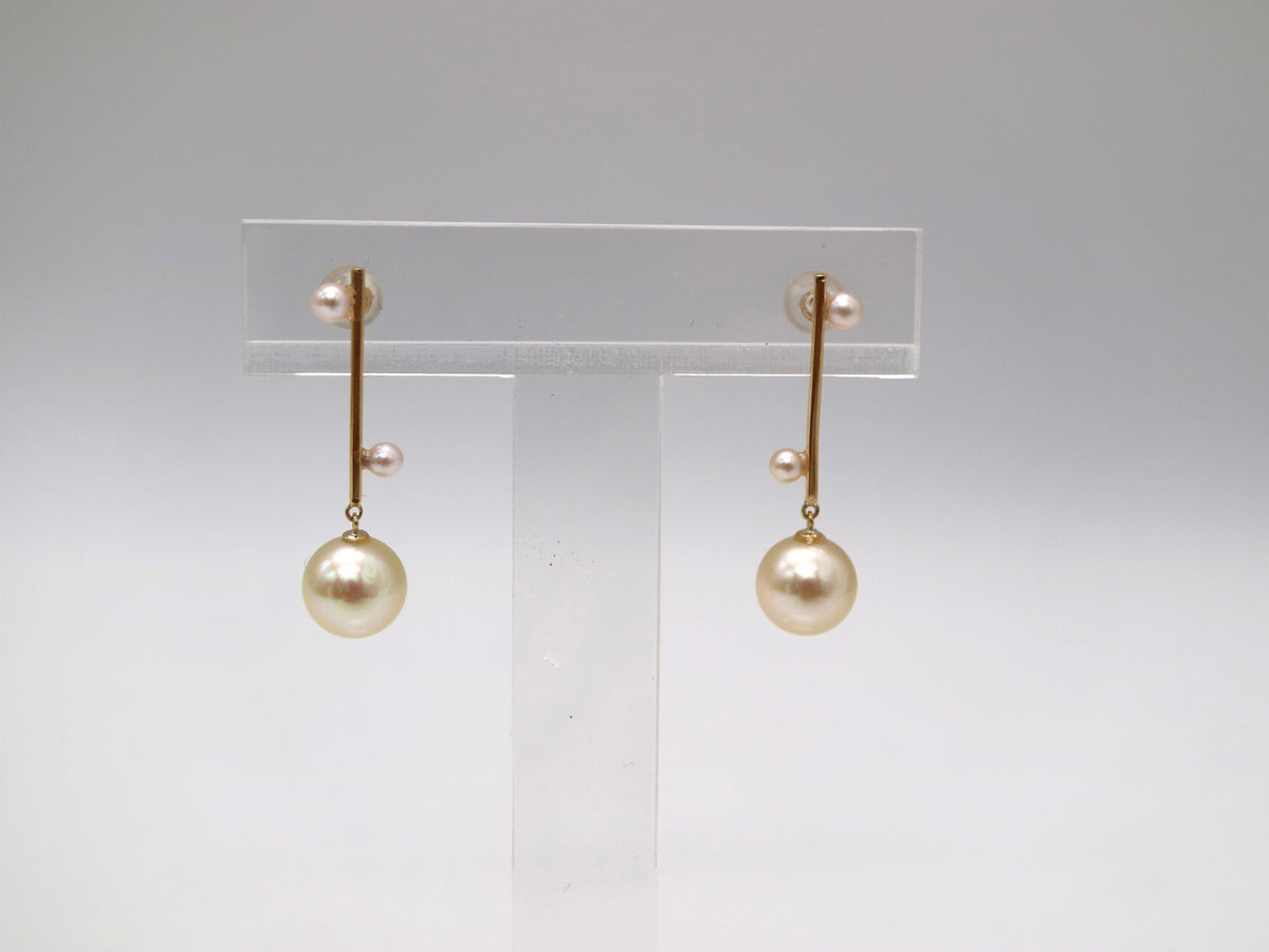 2.5+7.5mm Double Color Akoya Pearl Bar Drop Earrings 18K Yellow Gold