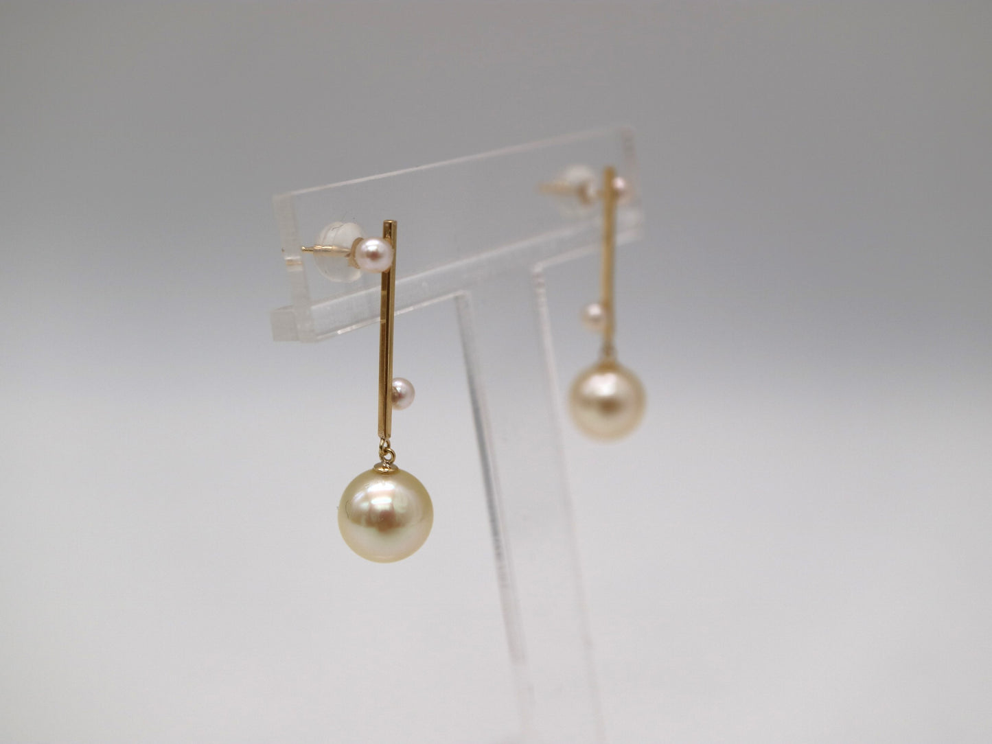2.5+7.5mm Double Color Akoya Pearl Bar Drop Earrings 18K Yellow Gold