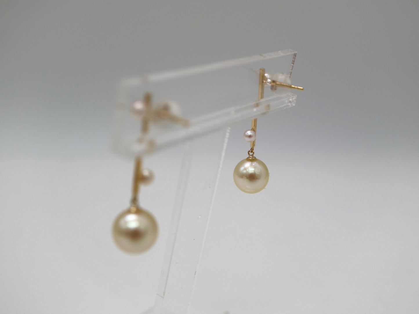 2.5+7.5mm Double Color Akoya Pearl Bar Drop Earrings 18K Yellow Gold