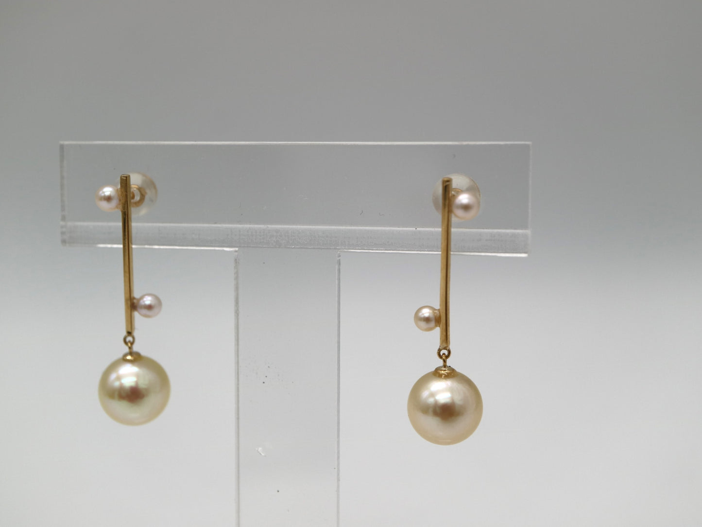 2.5+7.5mm Double Color Akoya Pearl Bar Drop Earrings 18K Yellow Gold