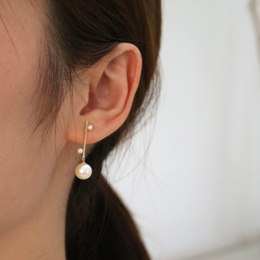 2.5+7.5mm Double Color Akoya Pearl Bar Drop Earrings 18K Yellow Gold